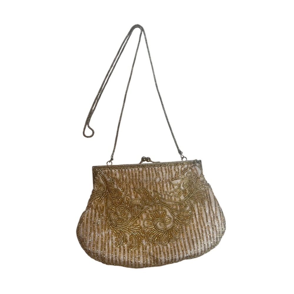 La Regale Vintage Beaded Evening Bag Gold Cream Floral Sequin Clutch Crossbody